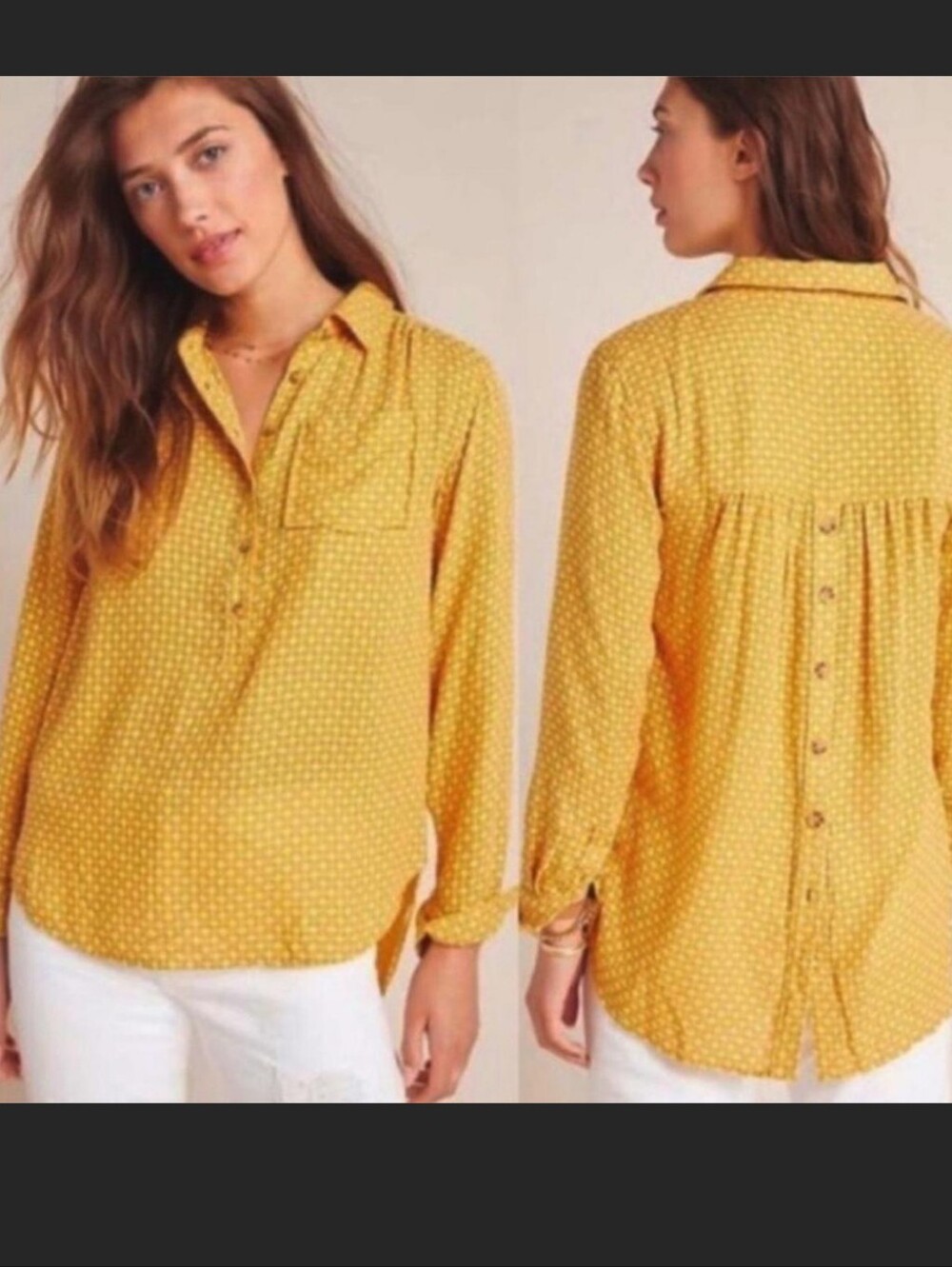 Anthropologie Isadora Mustard Yellow Cross Button Back Blouse Top Large